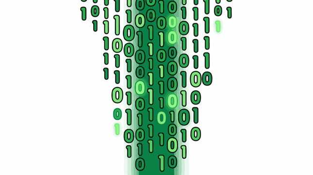 A green binary code flows downward resembling a human figure on a white background