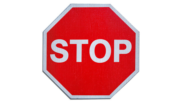 Red octagonal stop sign with white lettering, isolated on transparent background