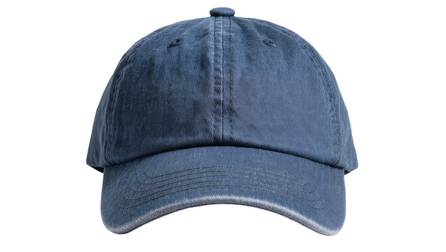 Blue denim baseball cap with curved brim, isolated on transparent background