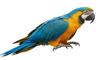 Blue and yellow macaw parrot with vibrant feathers, isolated on transparent background © Maria