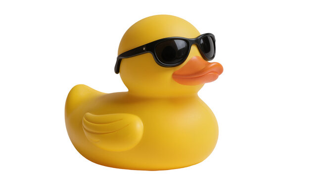 Yellow rubber duck wearing black sunglasses, isolated on transparent background