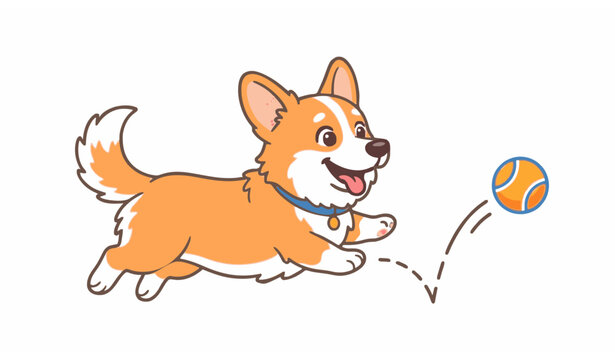 Happy Corgi Dog Chasing Bouncing Ball Cute Cartoon Style Vector Illustration on White Background