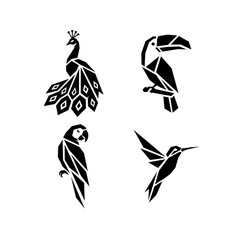 Obraz premium Peacock, toucan, parrot, and hummingbird minimalist geometric bird vector set