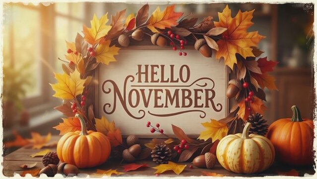 Cozy Hello November Sign Surrounded by Autumn Leaves and Pumpkins