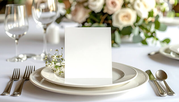 Blank white menu card on elegant dinner table setting with floral centerpiece for wedding event, elegant place setting