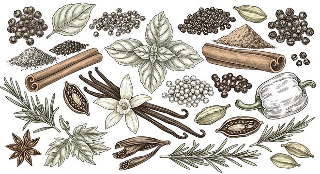 Assorted spices and herbs in natural and ground forms