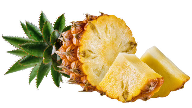 Whole pineapple half and two wedges with green leaves, isolated on transparent background