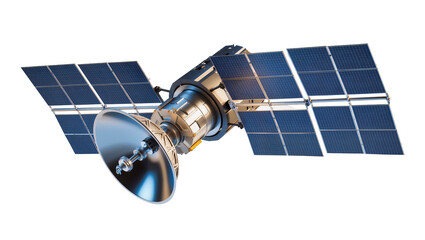 Detailed metallic satellite with solar panels and dish antenna, isolated on transparent background © Denis