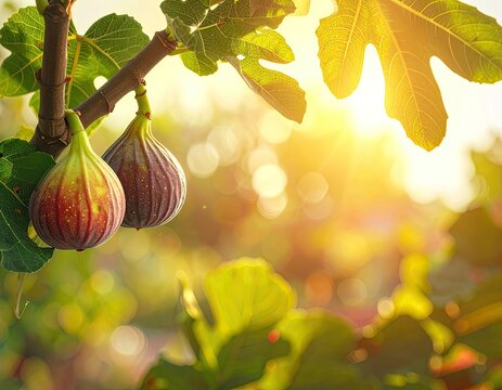 Ripe figs hang from a branch bathed in warm, golden sunlight