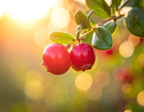 Ripe red berries gleam in warm sunlight