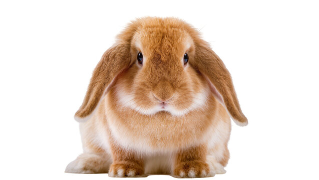 Fluffy orange lop-eared rabbit sitting, isolated on transparent background