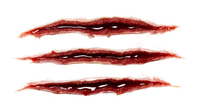 Three realistic bloody claw marks with torn skin and fur, isolated on transparent background
