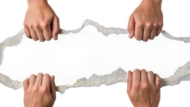 Four hands tearing a black paper revealing white space, isolated on transparent background