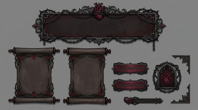 Vintage gothic design elements with scrolls, hearts, and ornate frames