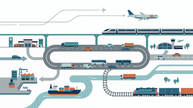 A stylized illustration depicts various transportation modes