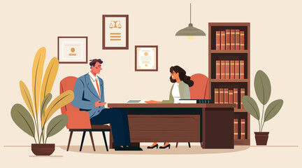 Lawyer consulting client legal advice office interior bookshelves certificates desk plants professional meeting modern flat design © mast3r