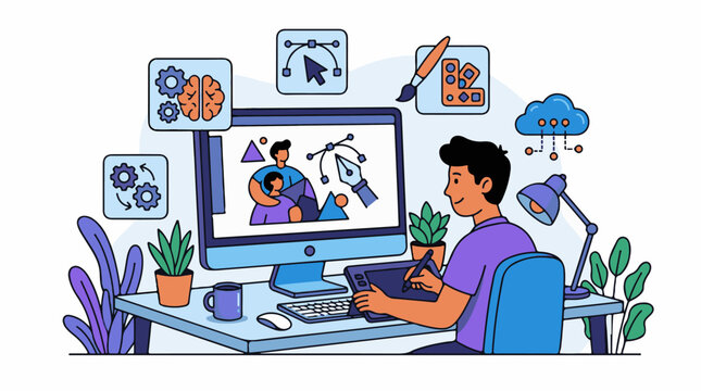 A man in purple shirt sitting at desk working on computer with graphics