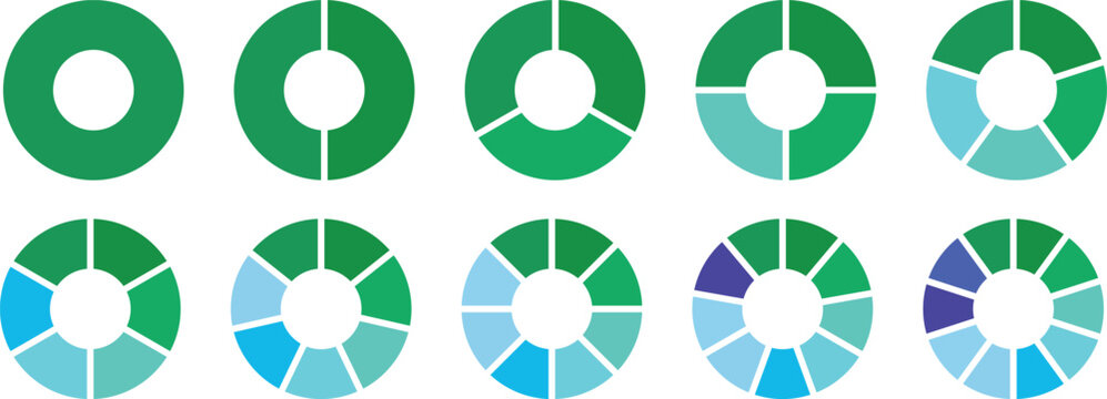 Circle division on from 1 to 14 equal parts. Wheel life round divided diagrams with segments. Blank infographic progress blue icons. Coaching flat tool. Segmented simple pinwheels.
