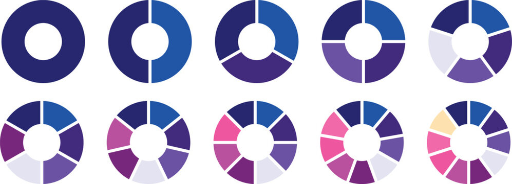 Circle pie chart diagram. Circle division infographic icon set. Loading bar set diagram multicolored collection. Pie chart divided 1,2,3,4,5,6,7,8,9,10, 11, 12 equal parts.