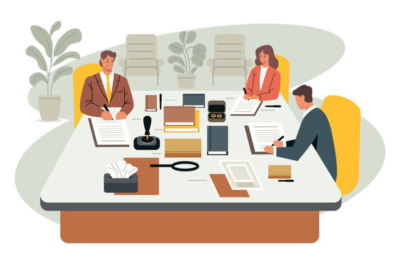 Lawyers signing legal documents contract agreement notary office meeting paperwork books stamp magnifier plants modern workspace