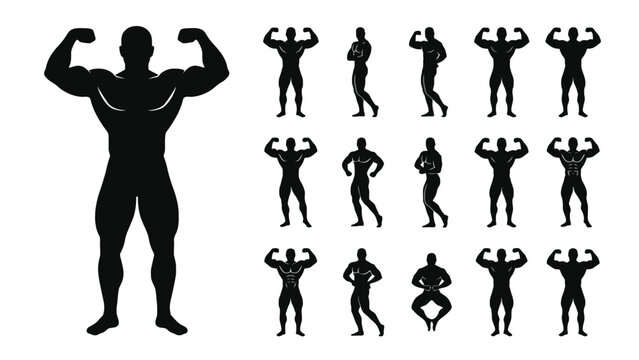 Bodybuilder silhouettes flexing muscles in various fitness poses