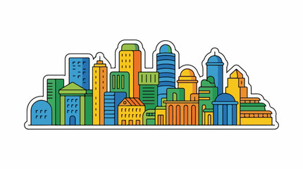 Obraz premium A colorful city skyline with various buildings and skyscrapers in blue, green, yellow, and orange hues