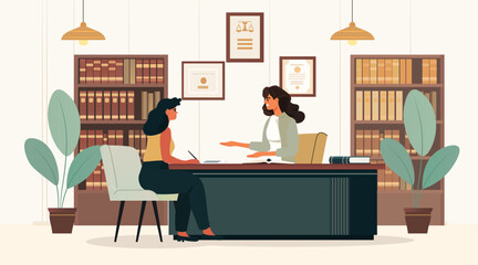 Lawyer consultation office meeting legal advice two women discussing documents bookshelves certificates indoor plants modern workspace © mast3r