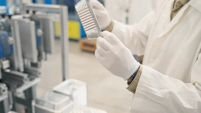 Worker hands wearing white gloves holding and rotating aluminum food container. Inspecting product quality in industrial plant. Clean factory environment focused on manufacturing precision.