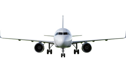 Fototapeta premium Modern white passenger jet airplane with twin engines, isolated on transparent background
