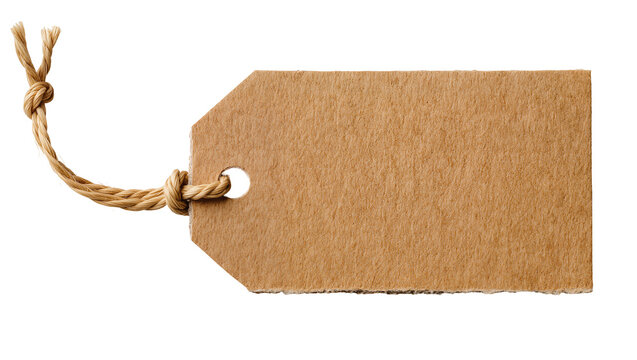 Brown cardboard tag with rough edges and jute string, isolated on transparent background