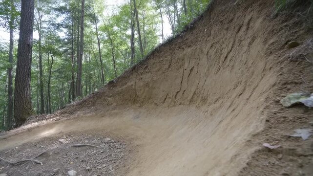 Moving camera revealing concave dirt berm at right along wooded trail, showing exposed roots