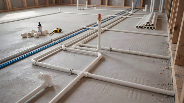 Interior view of plumbing installation with pipes on unfinished construction site
