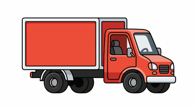 A cartoon image of a red delivery truck with a large box on the back