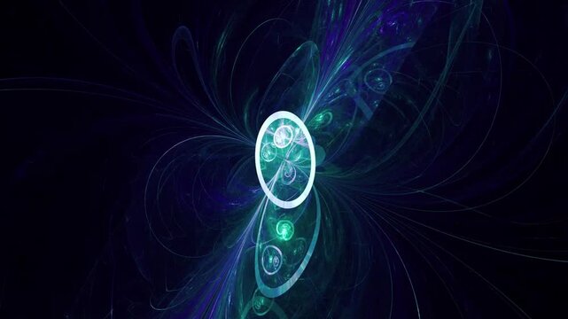 Abstract glowing blue and green fractal background with spinning circles and light rays.