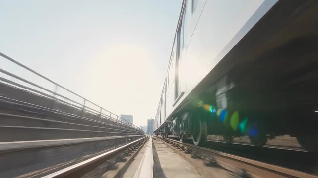 Approaching tunnel mouth, train coach rolling past revealing bogies and heading toward city skyline