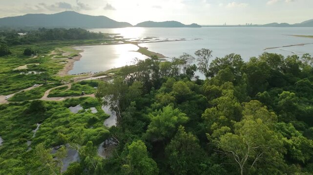 Aerial drone footage of a calm lake reflecting clouds and mountains at sunset light. Ideal for nature, travel, environment, wetland, and cinematic landscape projects.