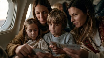 Fototapeta premium Family enjoying looking at photos together while traveling on an airplane