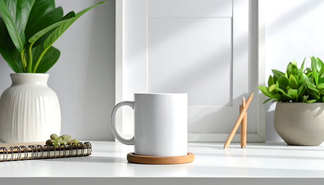 Blank white coffee mug on wooden coaster with office supplies, mockup template for branding