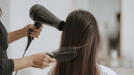 Naklejka premium Professional hair styling: hairdryer and brush technique for sleek, smooth finish