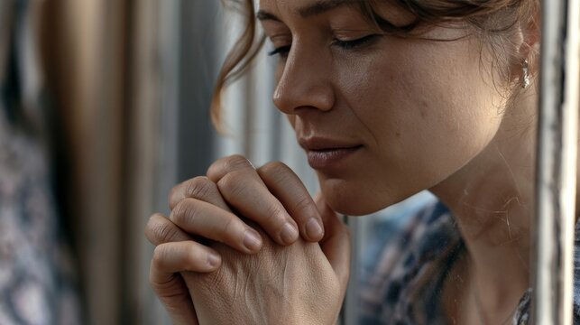 Woman with eyes closed clasped hands in prayer or deep contemplation