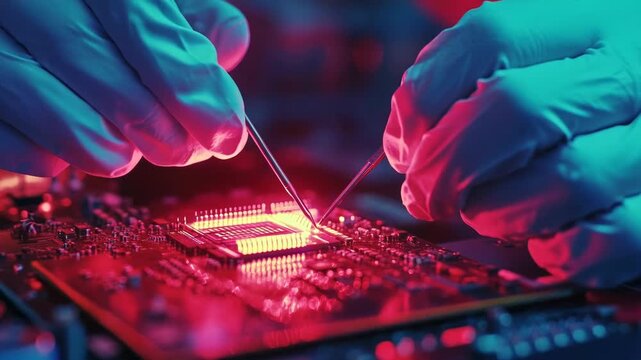 Hands in protective gloves repairing electronic circuit board with precision tools under red blue laboratory light showing microchip engineering computer hardware technology cyber security maintenance