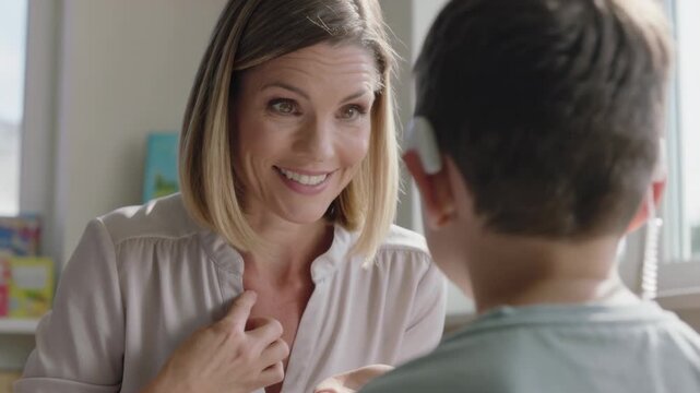 Presenting token, woman teaching speech to boy wearing gray T-shirt with cochlear implant in clinic
