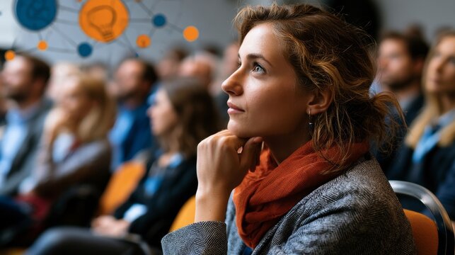 Young woman thoughtfully listening in a conference or lecture setting