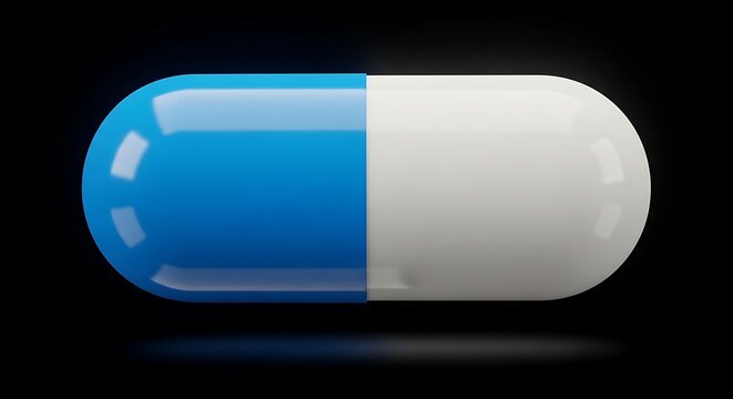 Blue and white capsule on dark background with reflection pharmaceutical medication concept