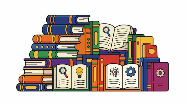 A colorful illustration of a large stack of books with some open, showing various symbols