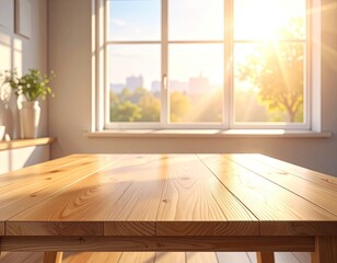 Fototapeta premium Sunlight streams across a warm wooden table and through a large window