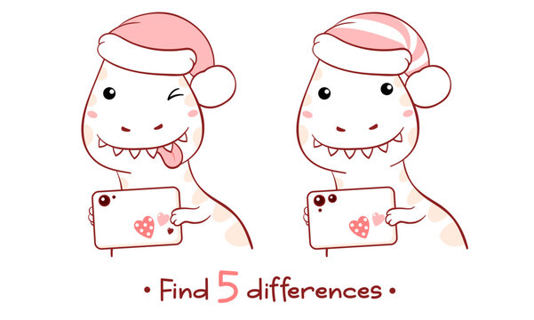 Educational Game for Kids with cute dinosaur taking photo with an mobile cell phone. Find five Differences Activity For Preschool Children. Find 5 differences education game for kids with funny dino