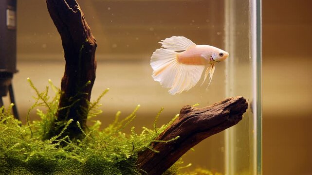 Gliding pink-white betta fish flicking fins, sliding right in planted aquarium, exploring driftwood
