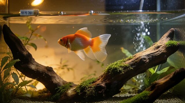 Swimming orange-white fancy goldfish adjusting position in home tank, responding to filter bubbles