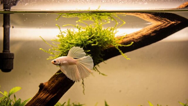 Sensing moss on driftwood, pale long-finned betta turning and gliding in glass aquarium, exploring